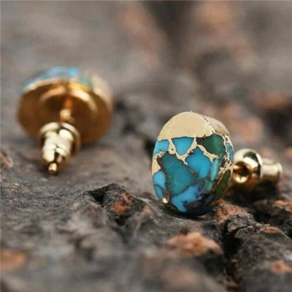 Genuine Turquoise Gold Plated Women Healing Reiki Dainty Oval Stud Earrings Gift - Picture 3 of 5